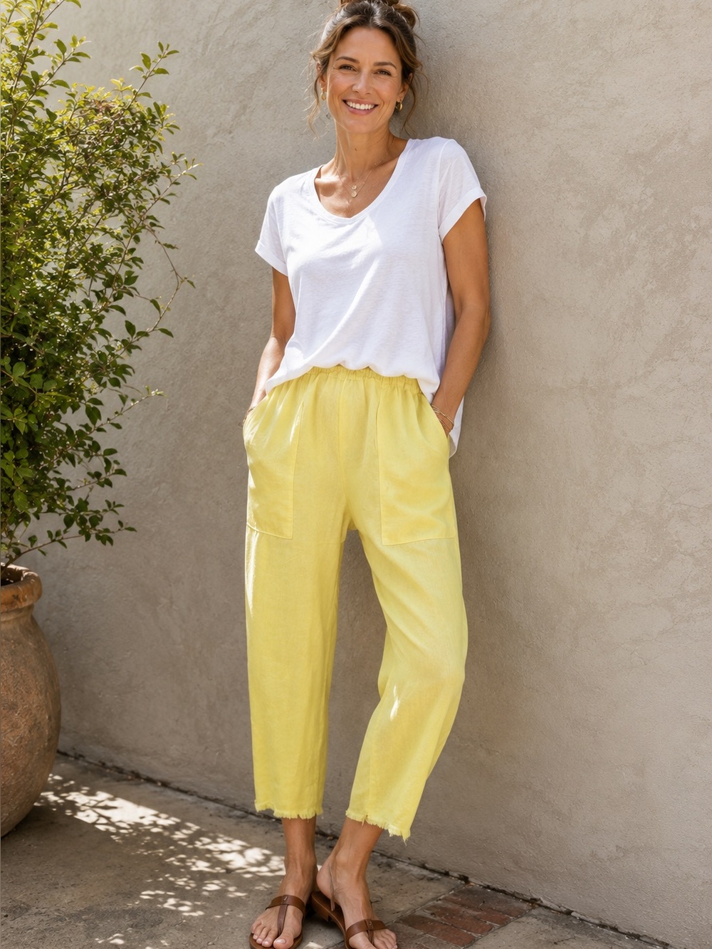 Pharaoh Erica Drop Pant Yellow Lyocell Linen Cropped Raw Hem Minimalist Resort L